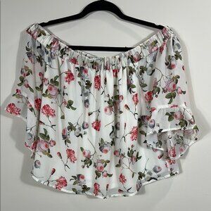 Express Cream Floral Lined Off the Shoulder Garden Summer Beach Top Women Medium